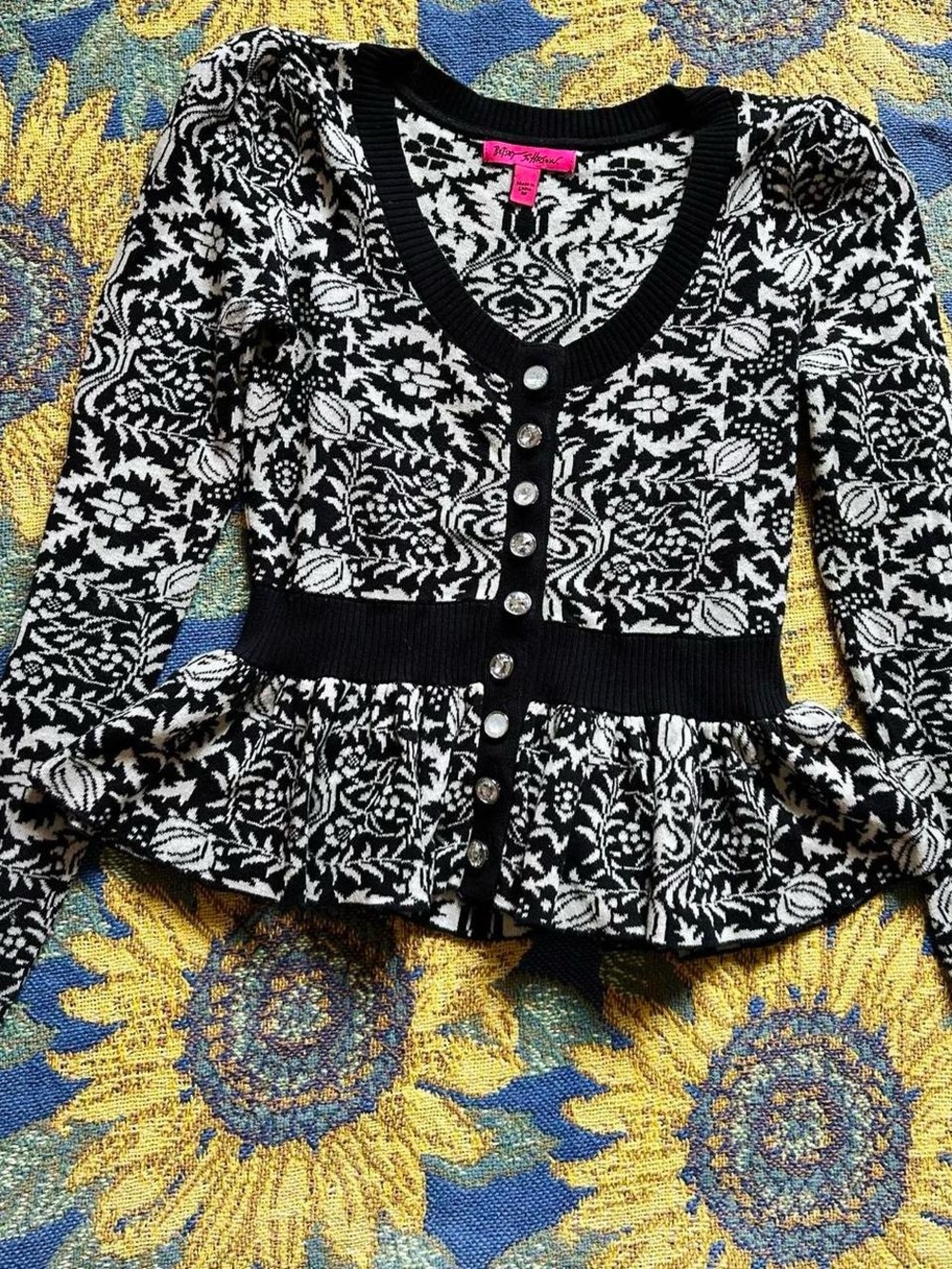 Betsey Johnson Black & White Floral Jacquard Cardigan